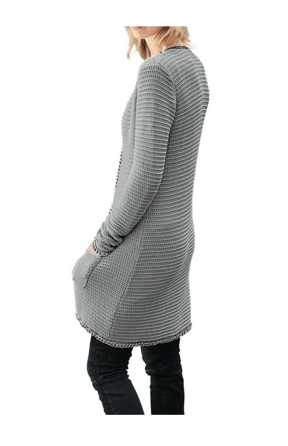 Mandarin Damen Strickjacke mit Kette, grau