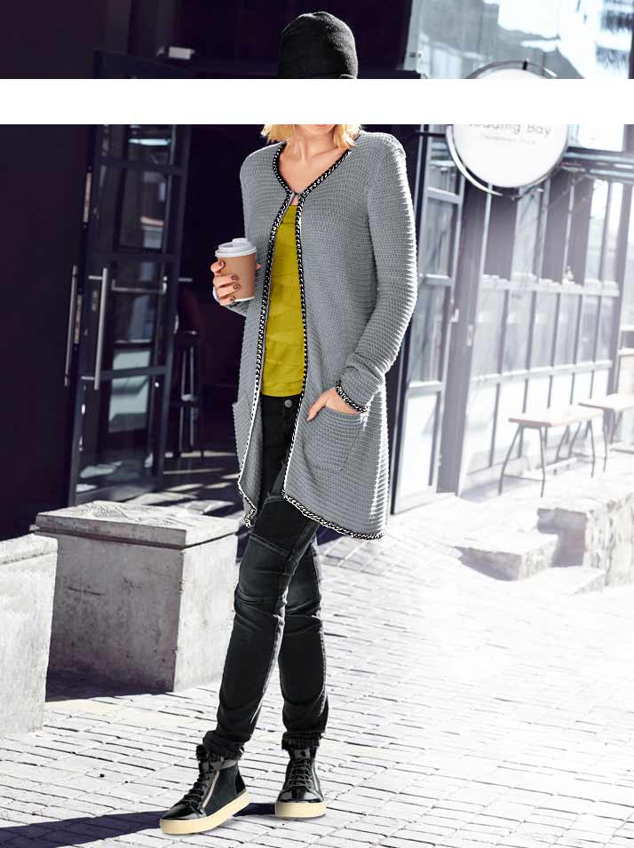 Mandarin Damen Strickjacke mit Kette, grau