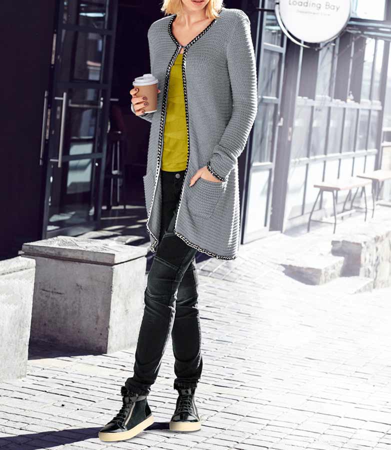 Mandarin Damen Strickjacke mit Kette, grau