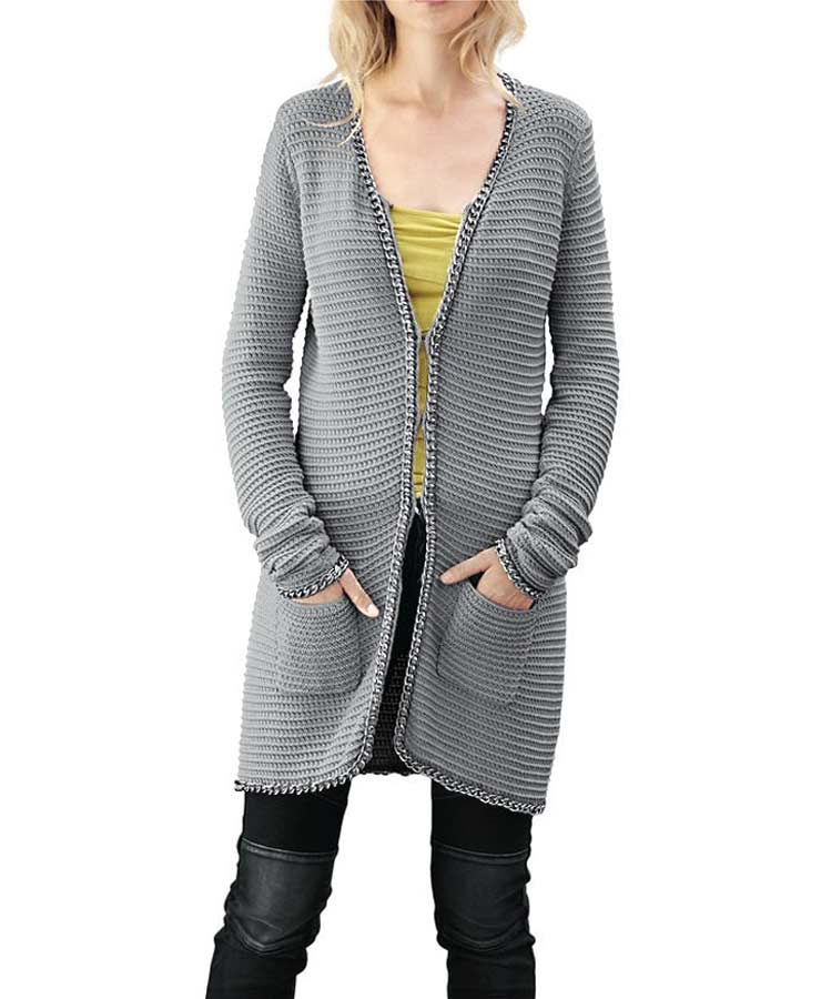 Mandarin Damen Strickjacke mit Kette, grau