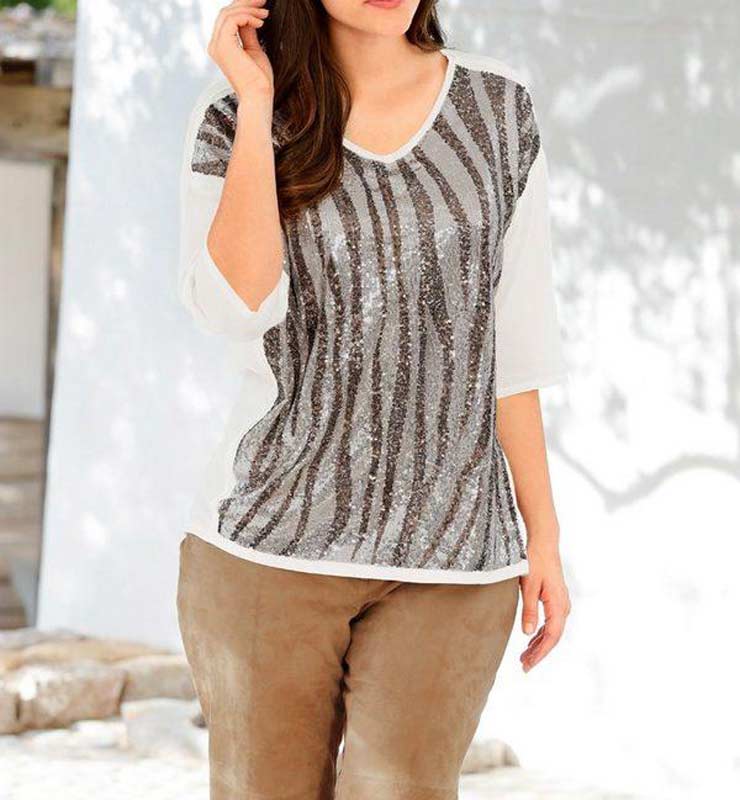 Guido Maria Kretschmer Damen Designer-Paillettenshirt, ecru