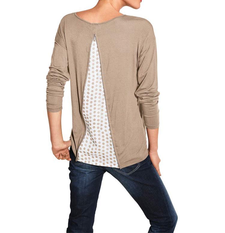 Mandarin Damen Designer-Shirt mit Einsatz, taupe