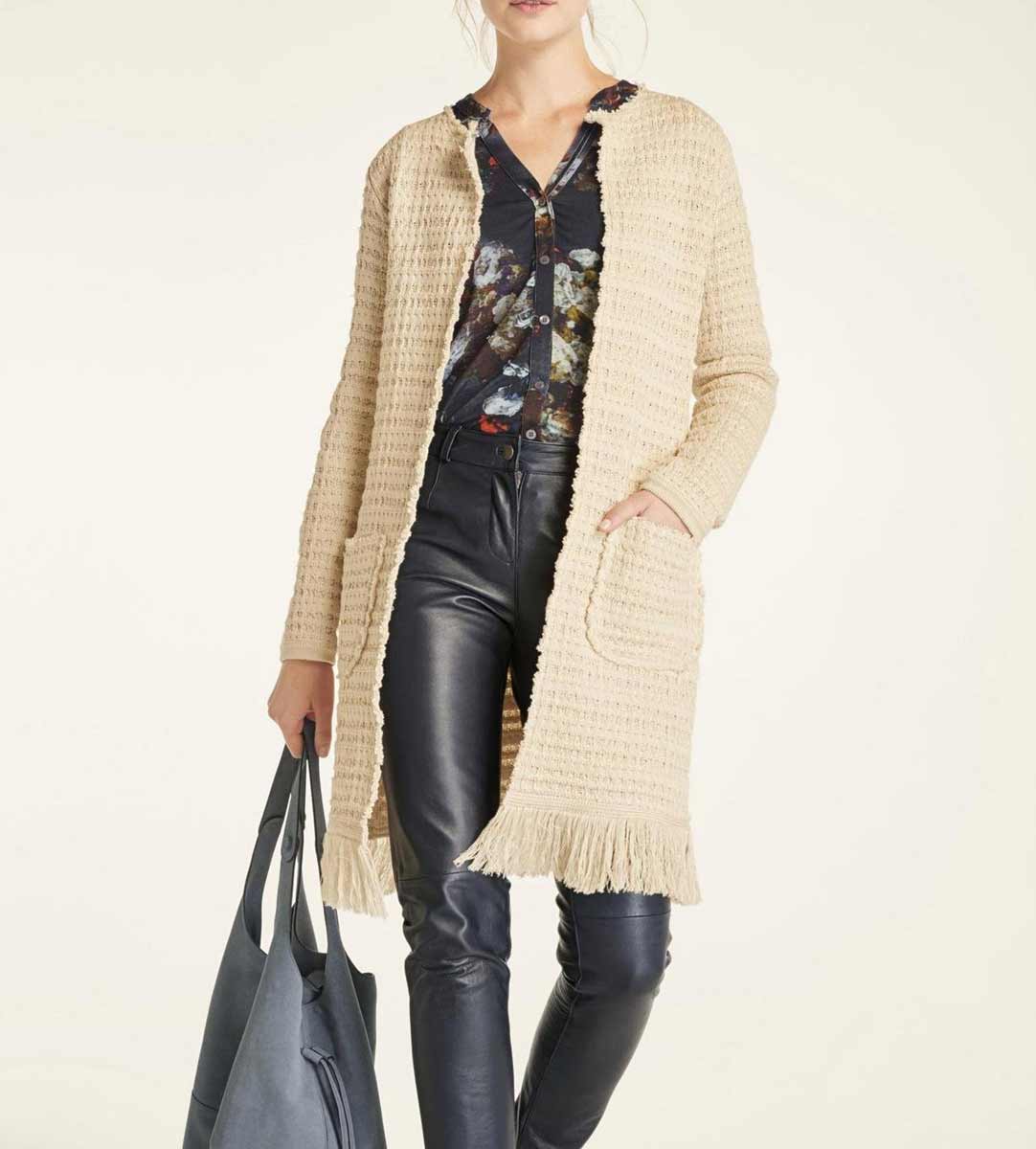 Heine Damen Strickmantel mit Fransen, beige