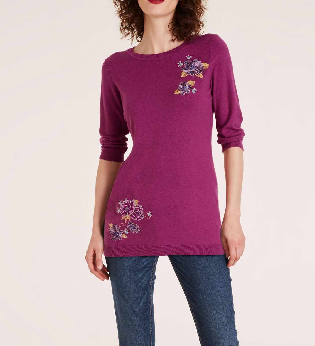 Heine Damen Feinstrickpullover mit Stickerei, beere