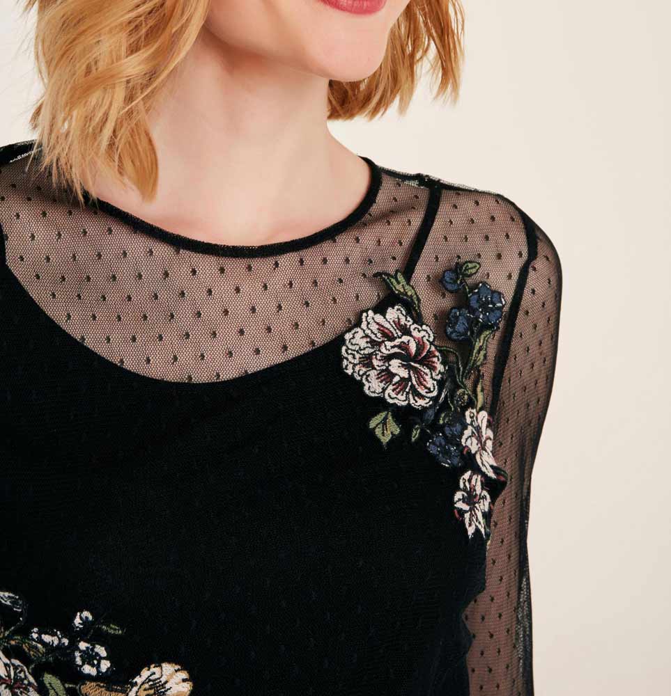 Heine Damen Spitzenshirt mit Stickerei +Top, schwarz