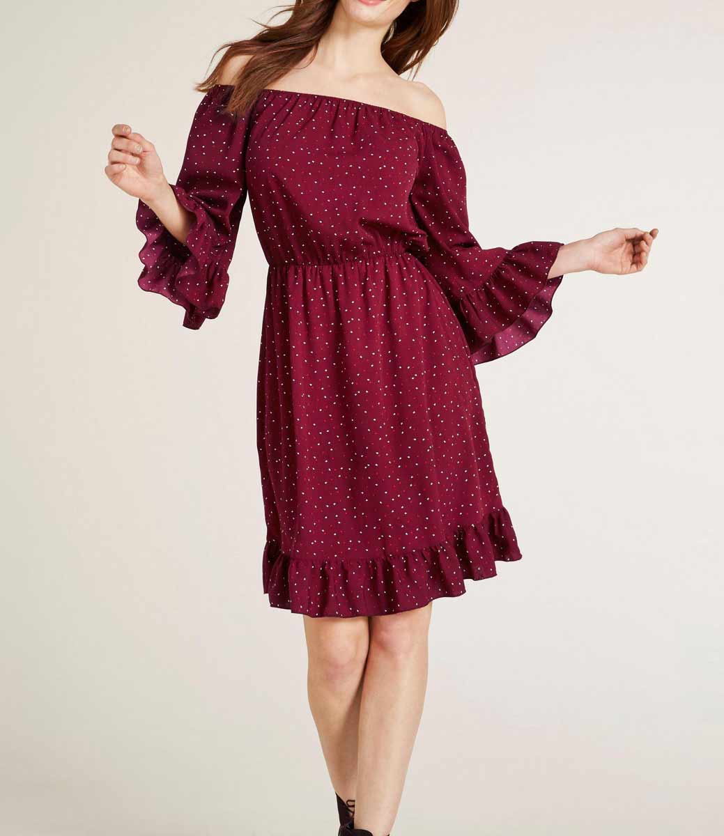Heine Damen Carmen-Druckkleid, bordeaux