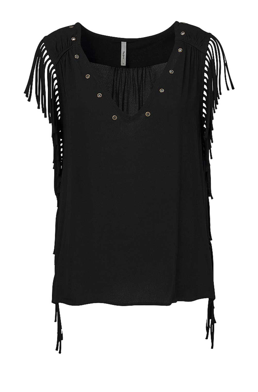 Pepe Jeans Damen Marken-Shirt mit Fransen, schwarz