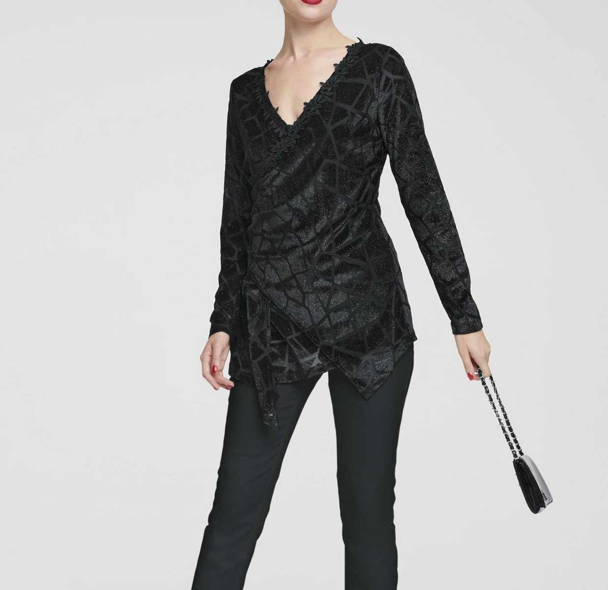 HEINE Damen Spitzen-Samt-Ausbrennershirt, schwarz