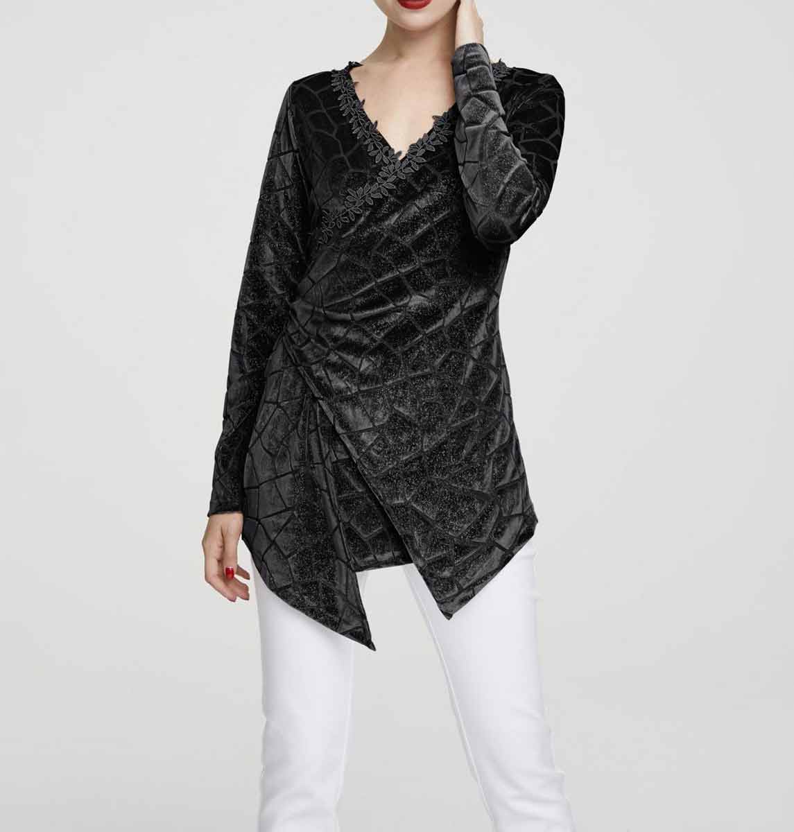 HEINE Damen Spitzen-Samt-Ausbrennershirt, schwarz