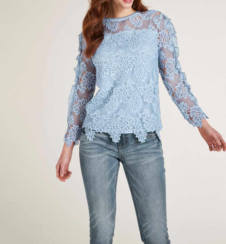 Heine Damen Spitzenshirt, blau-grau-melange