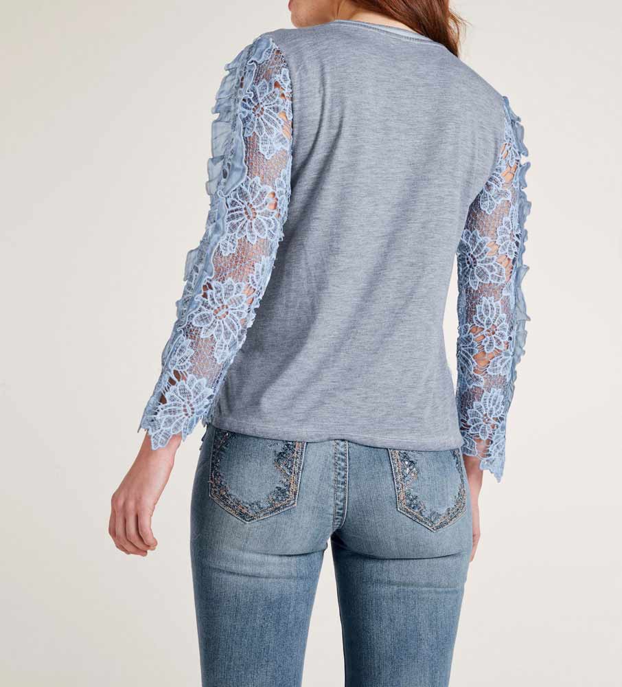 Heine Damen Spitzenshirt, blau-grau-melange