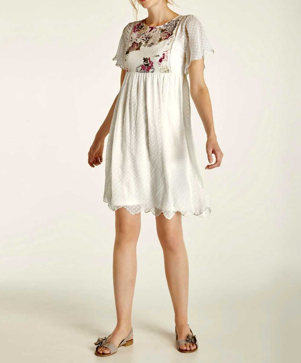 HEINE Damen Kleid mit Stickerei, ecru-bunt