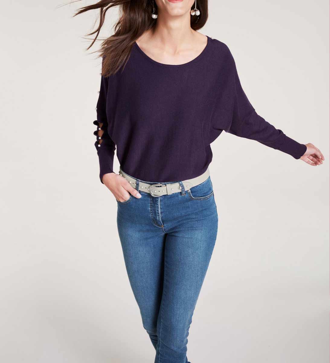 Heine Damen Feinstrickpullover mit Perlen, lila