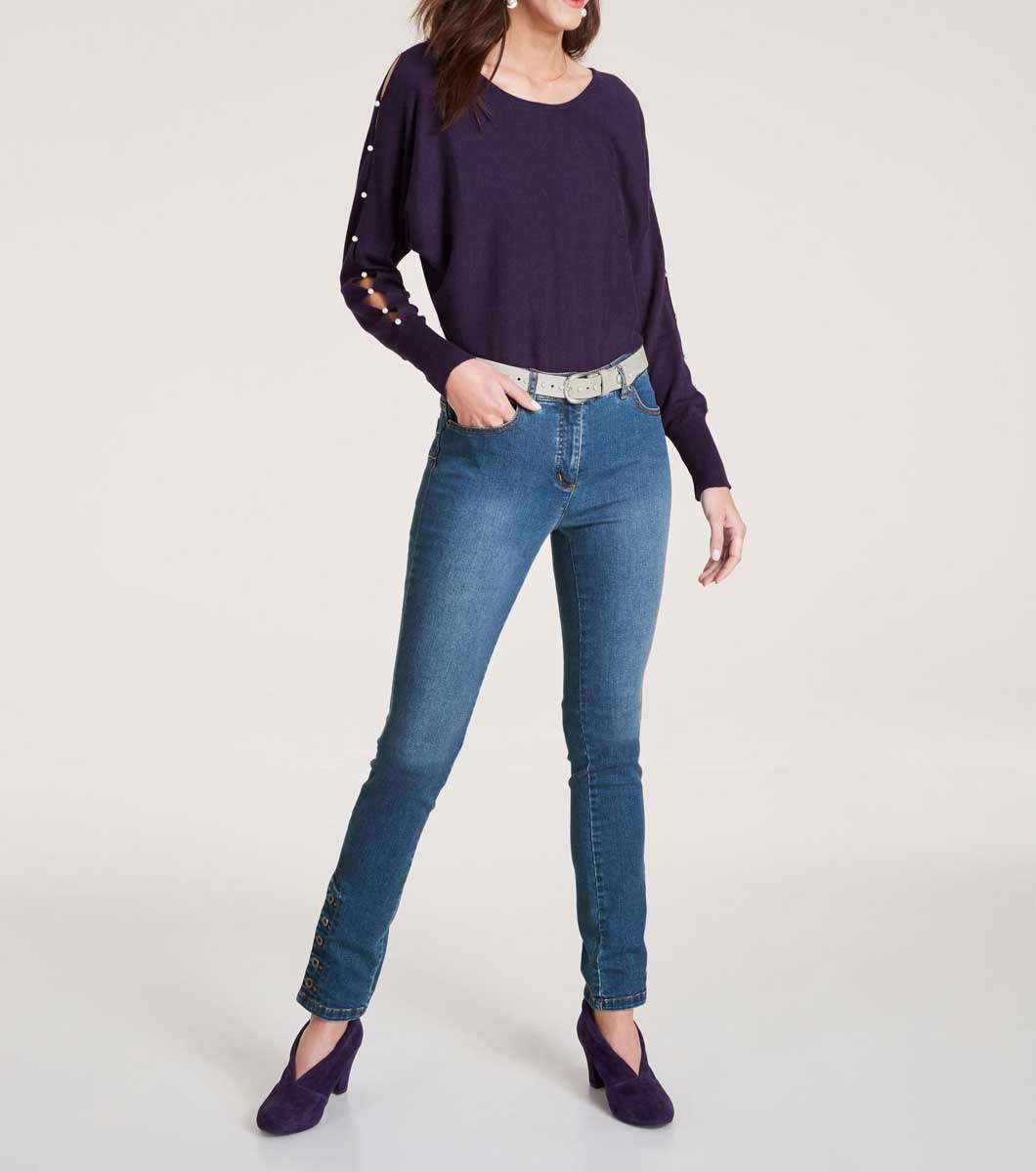 Heine Damen Feinstrickpullover mit Perlen, lila