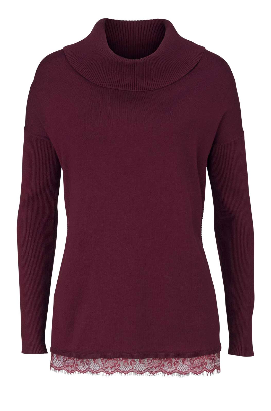 Vivance Collection Damen Rollkragenpullover mit Spitze, bordeaux