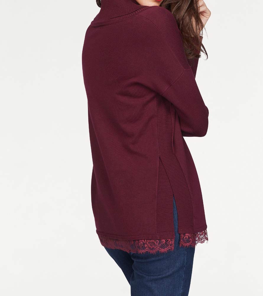 Vivance Collection Damen Rollkragenpullover mit Spitze, bordeaux