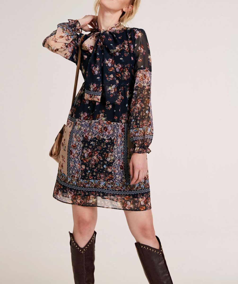 Heine Damen Druckkleid mit Schluppe, schwarz-bunt