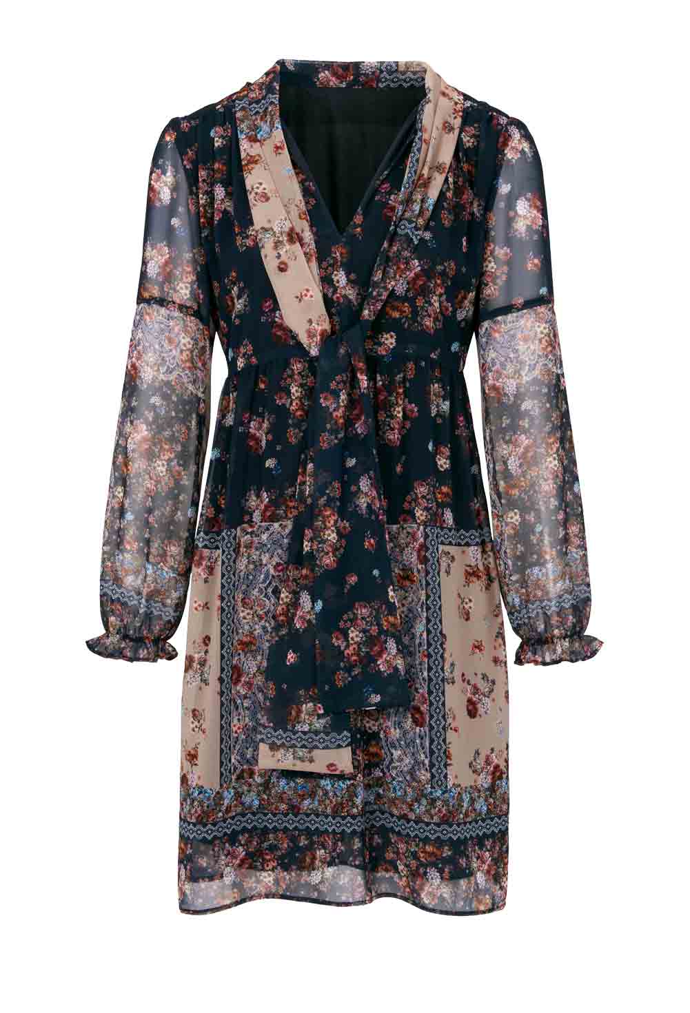 Heine Damen Druckkleid mit Schluppe, schwarz-bunt