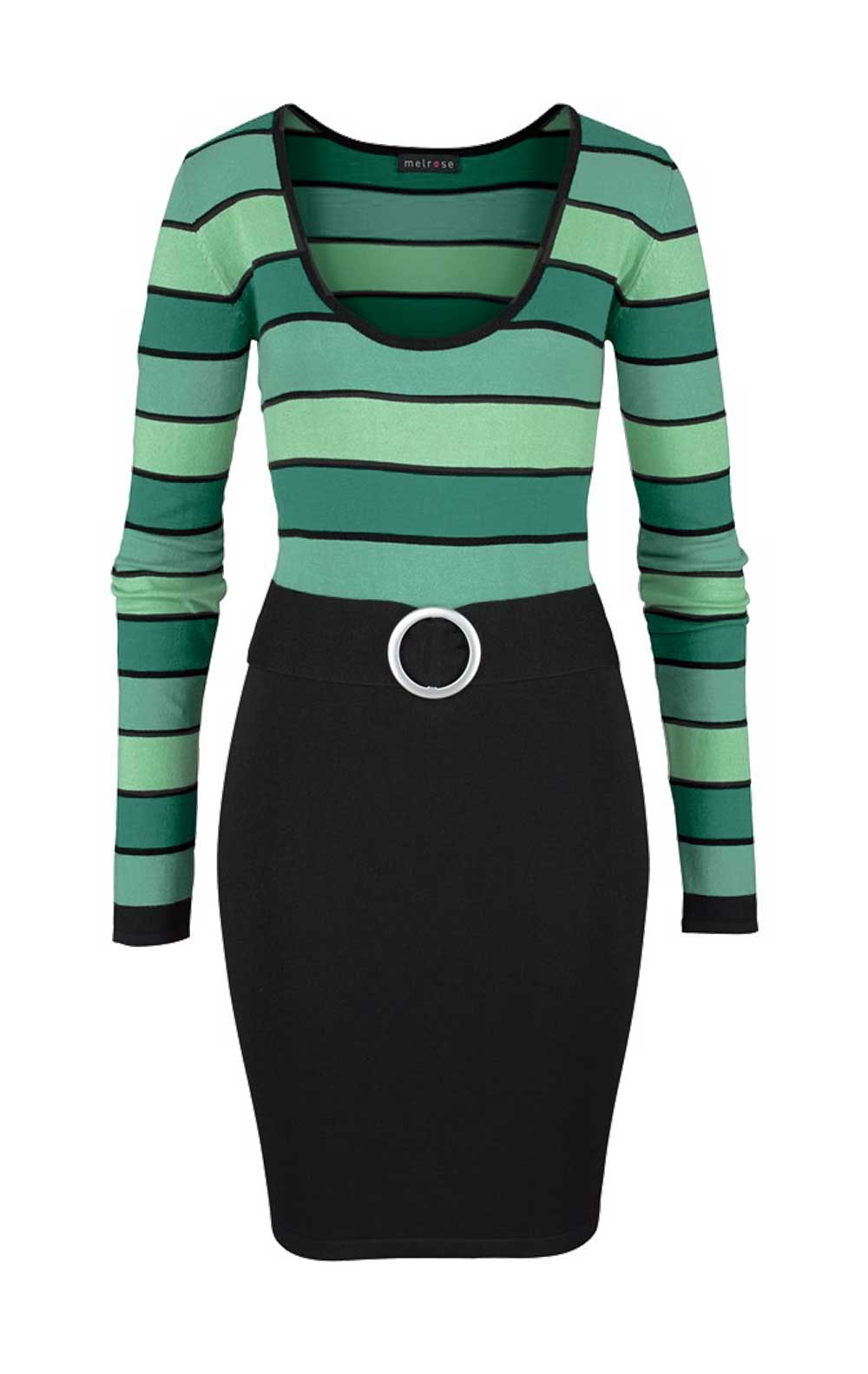 Melrose Damen Strickkleid mit Gürtel, grün-schwarz