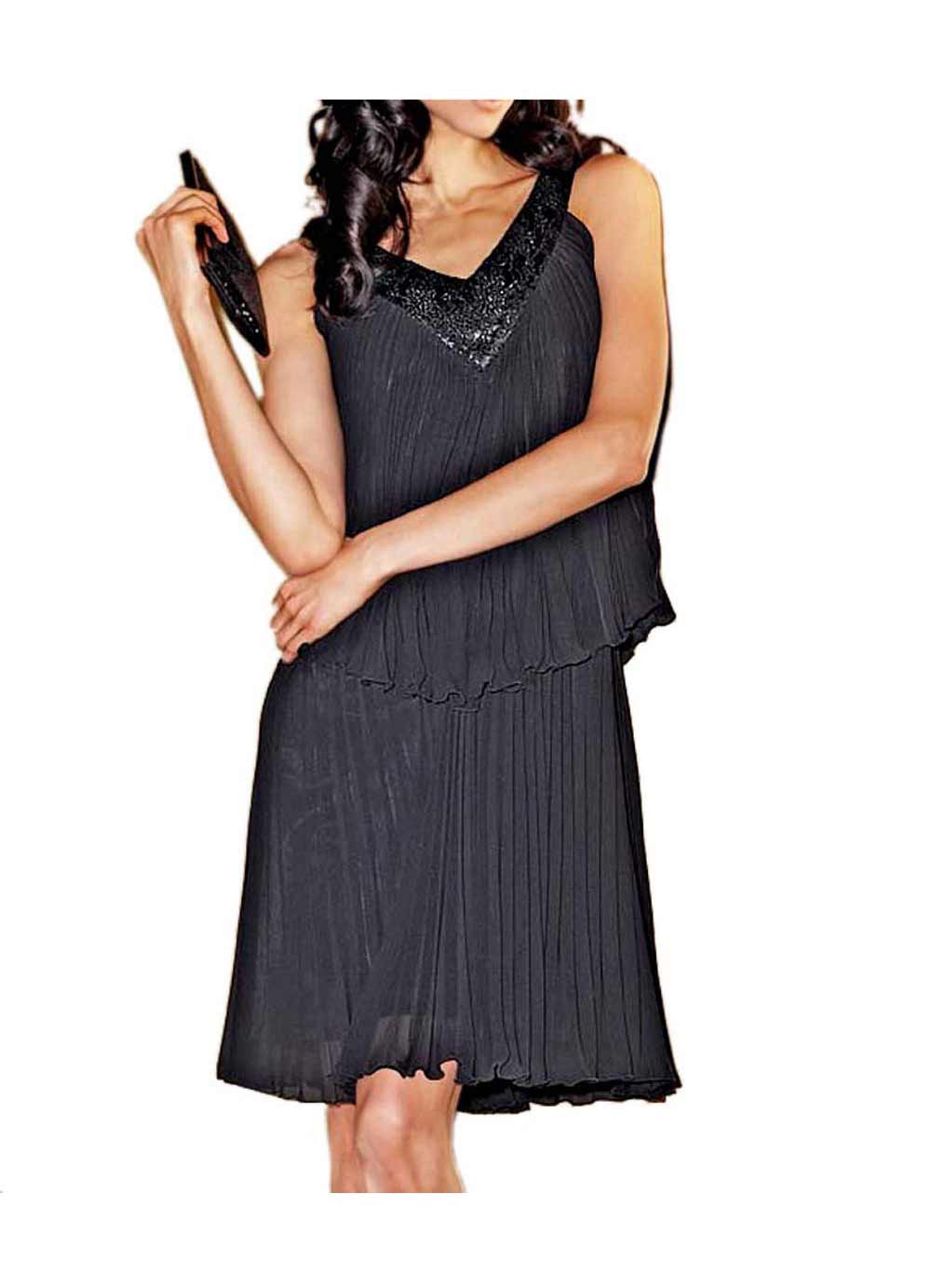 Apart Damen Chiffon-Plisseekleid mit Perlen, schwarz