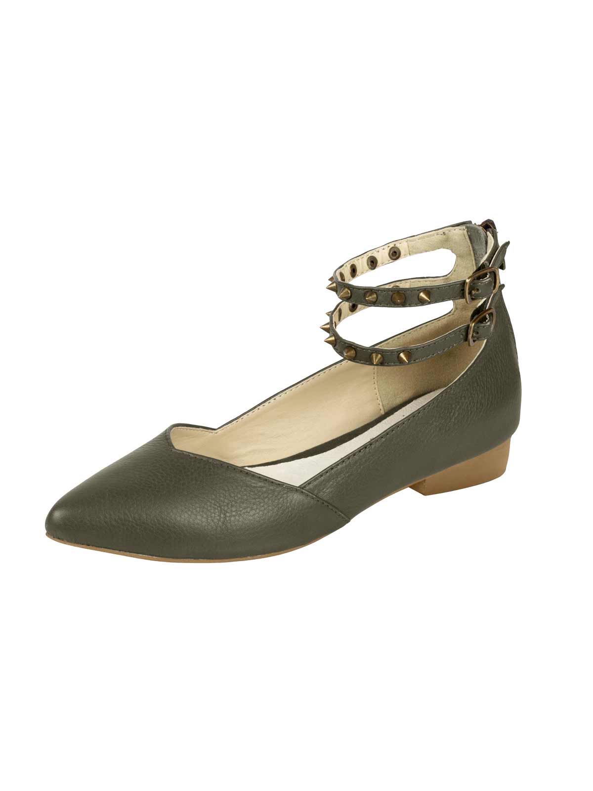 Andrea Conti Damen Marken-Leder-Ballerina mit Nieten, oliv