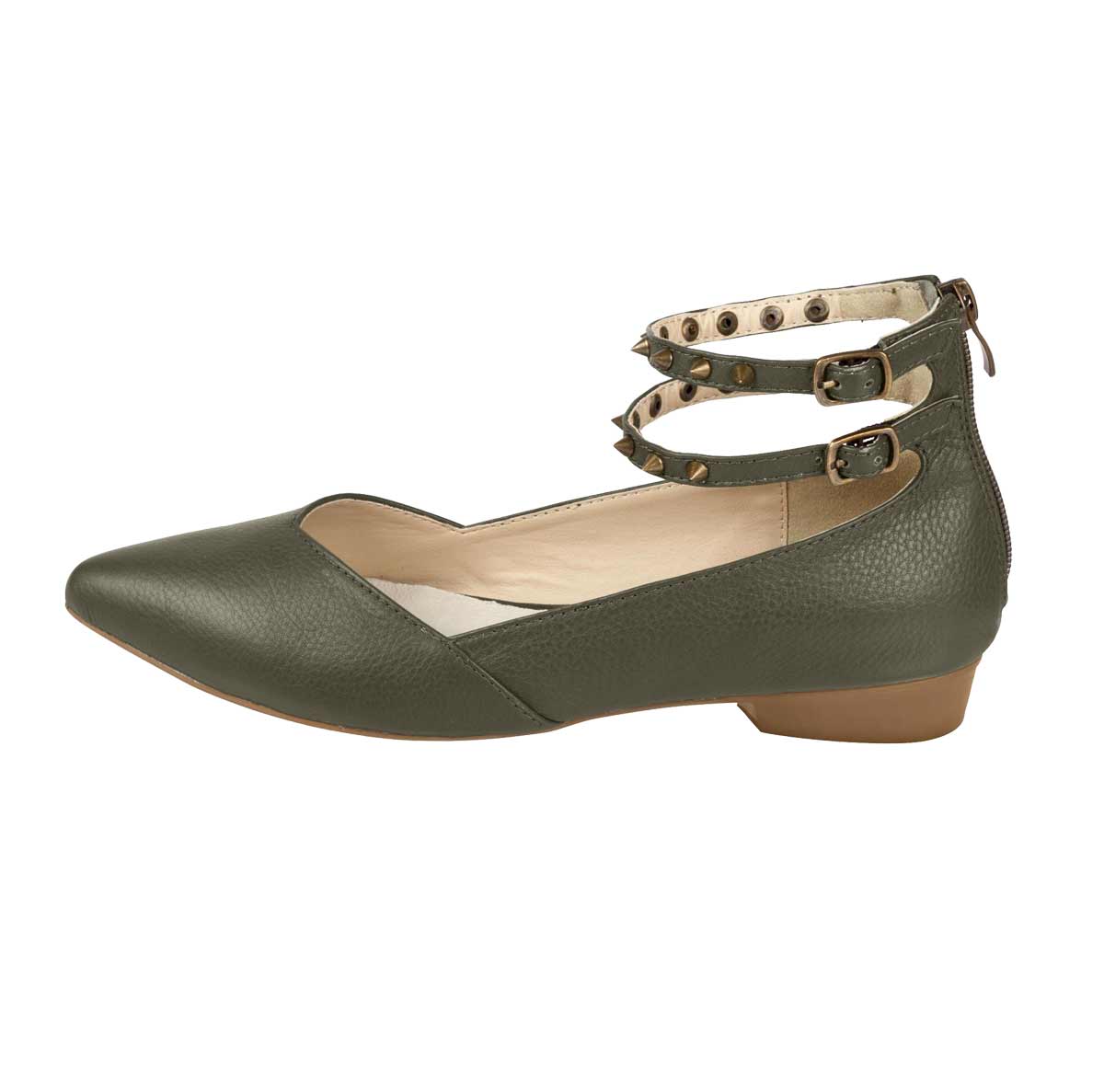 Andrea Conti Damen Marken-Leder-Ballerina mit Nieten, oliv