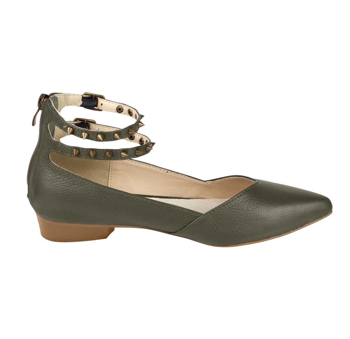 Andrea Conti Damen Marken-Leder-Ballerina mit Nieten, oliv