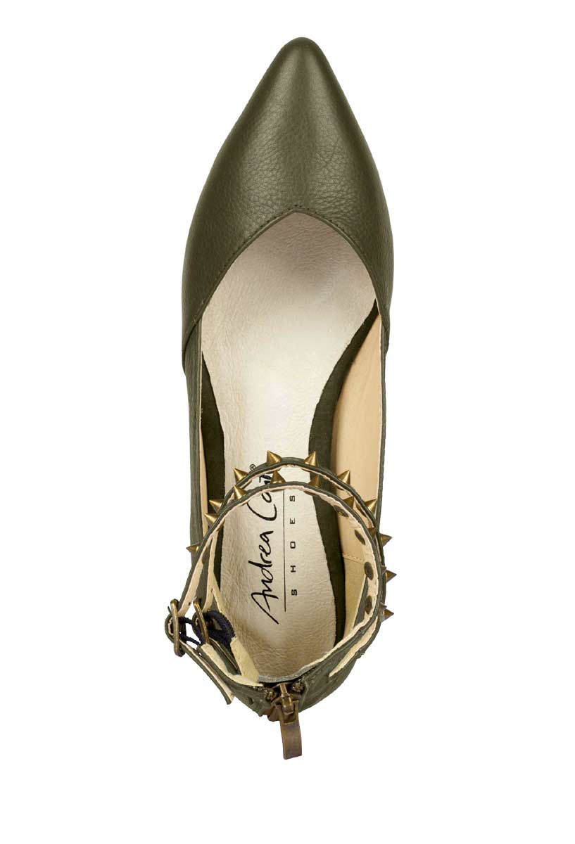 Andrea Conti Damen Marken-Leder-Ballerina mit Nieten, oliv