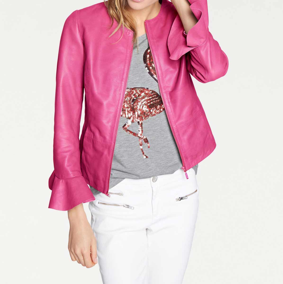Heine Damen Lammnappalederjacke mit Volants, pink