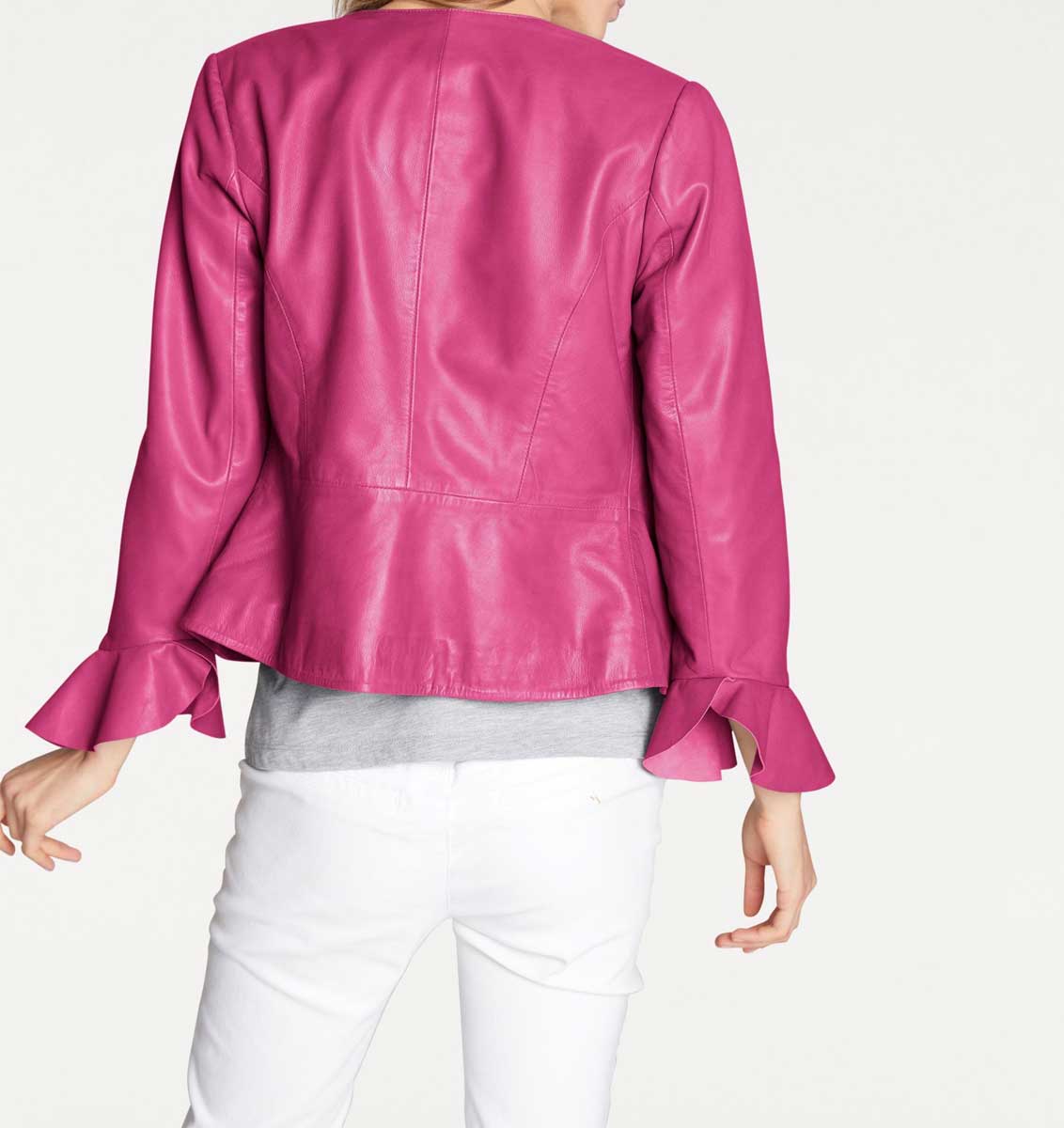 Heine Damen Lammnappalederjacke mit Volants, pink