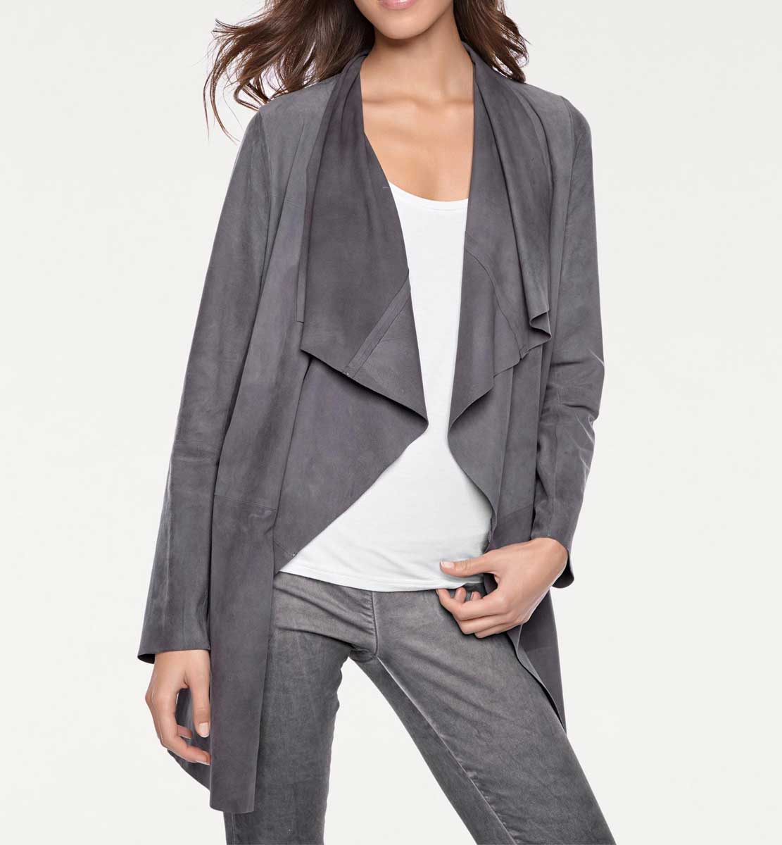 Linea Tesini Damen Designer-Ziegenveloursleder-Mantel, anthrazit