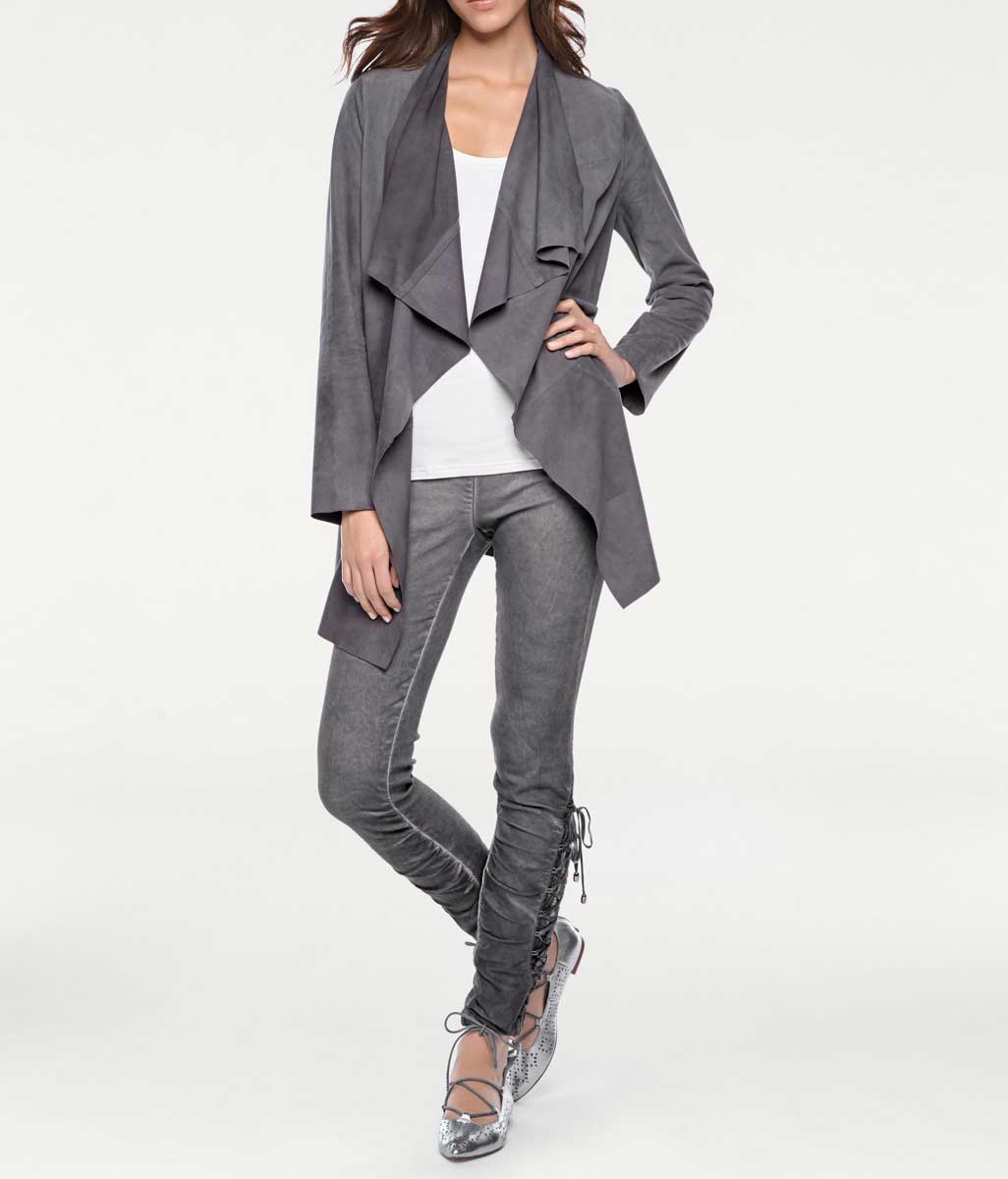 Linea Tesini Damen Designer-Ziegenveloursleder-Mantel, anthrazit