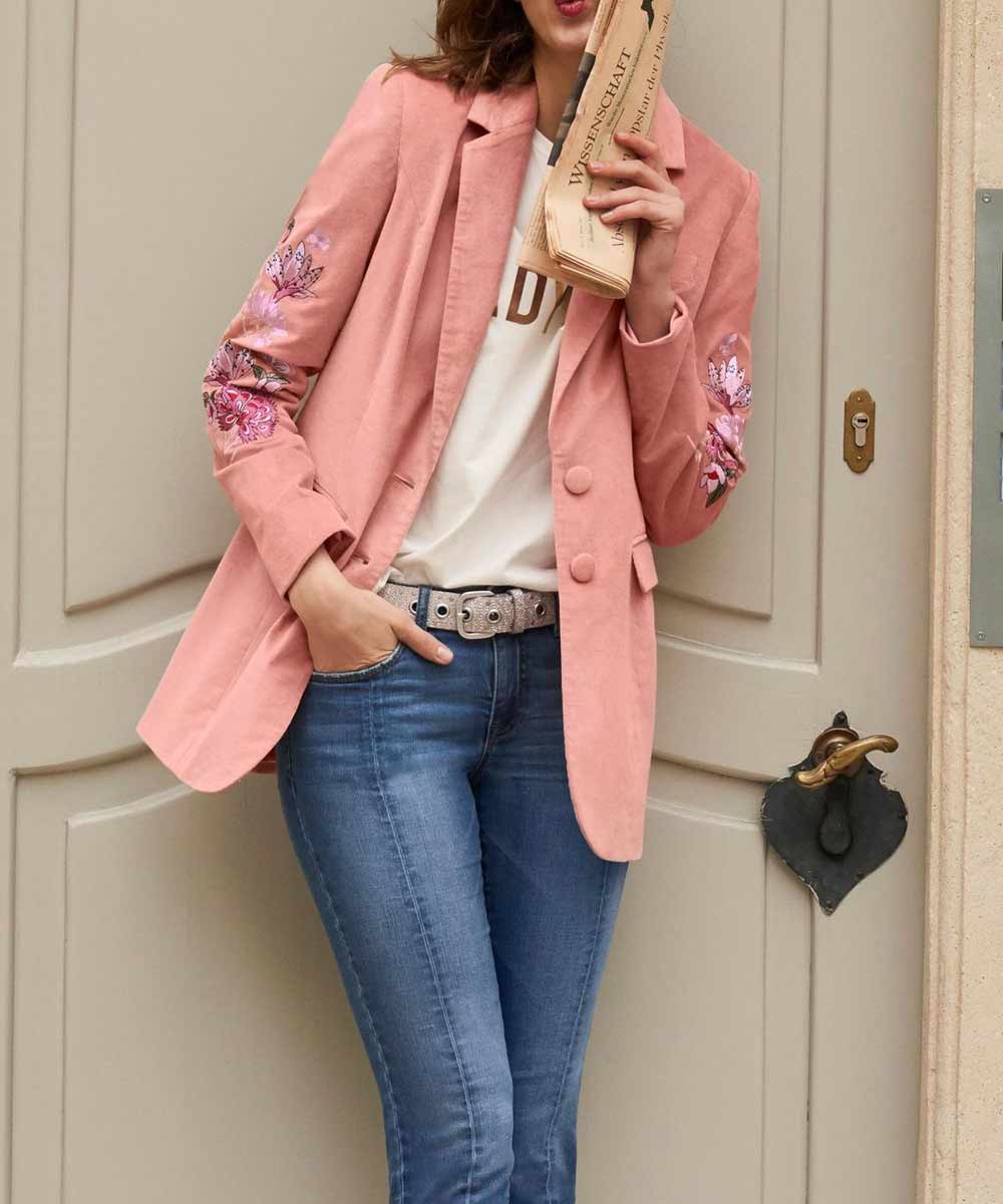 Rick Cardona Damen Designer-Samtblazer mit Stickerei, rosa