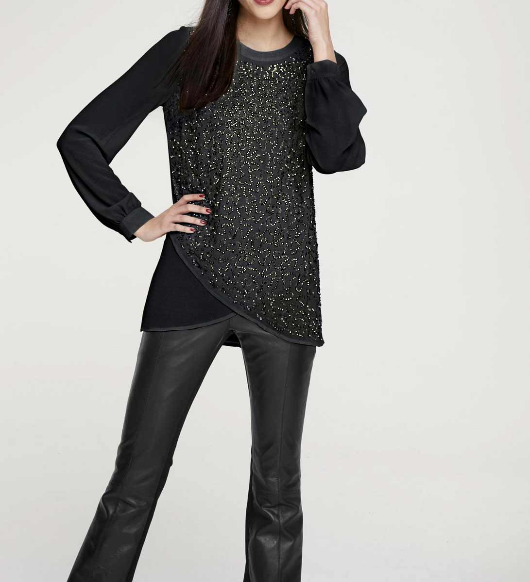 HEINE Damen Bluse mit Pailletten-Stickerei, schwarz