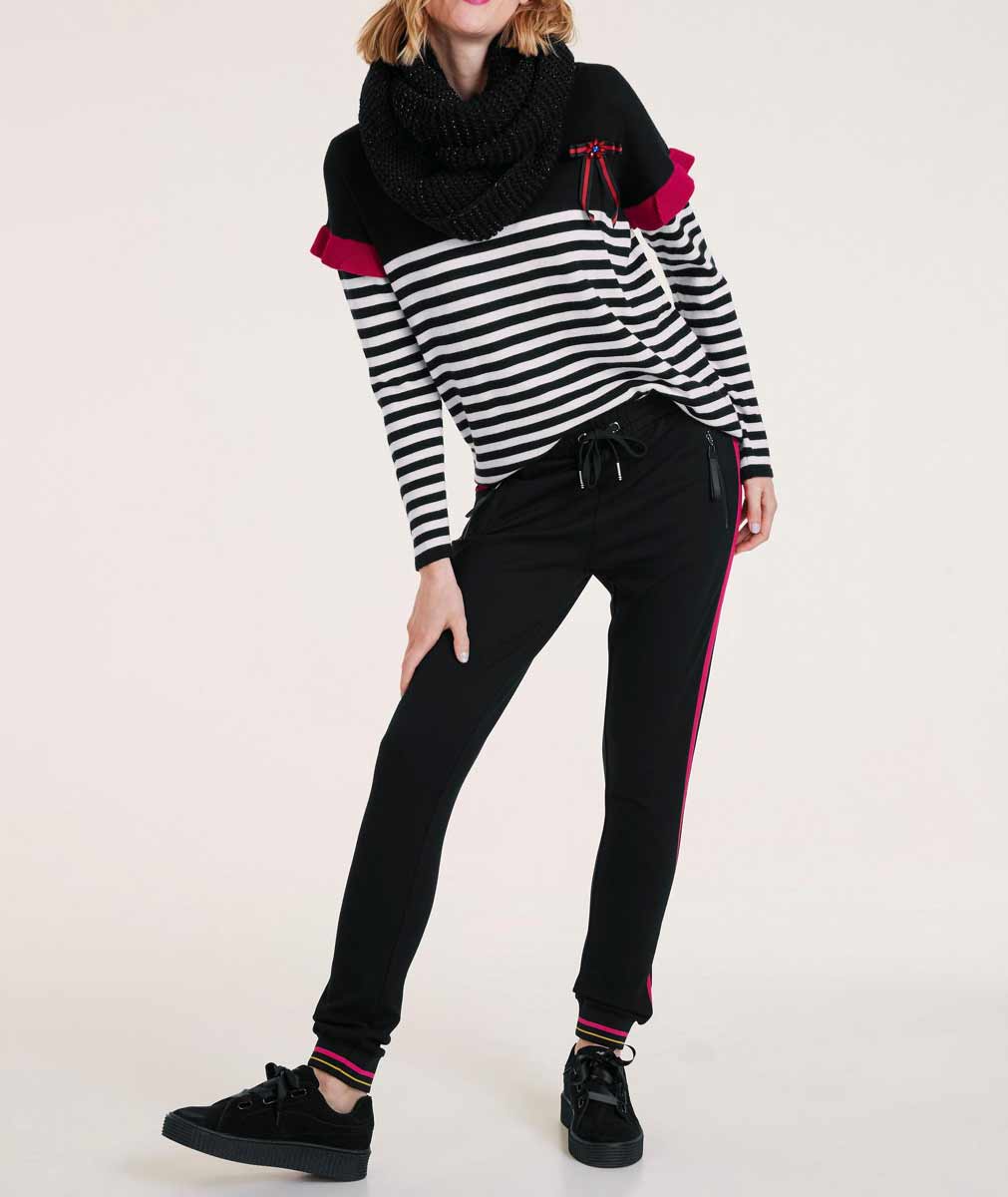 HEINE Damen Feinstrickpullover mit Brosche, schwarz-weiß