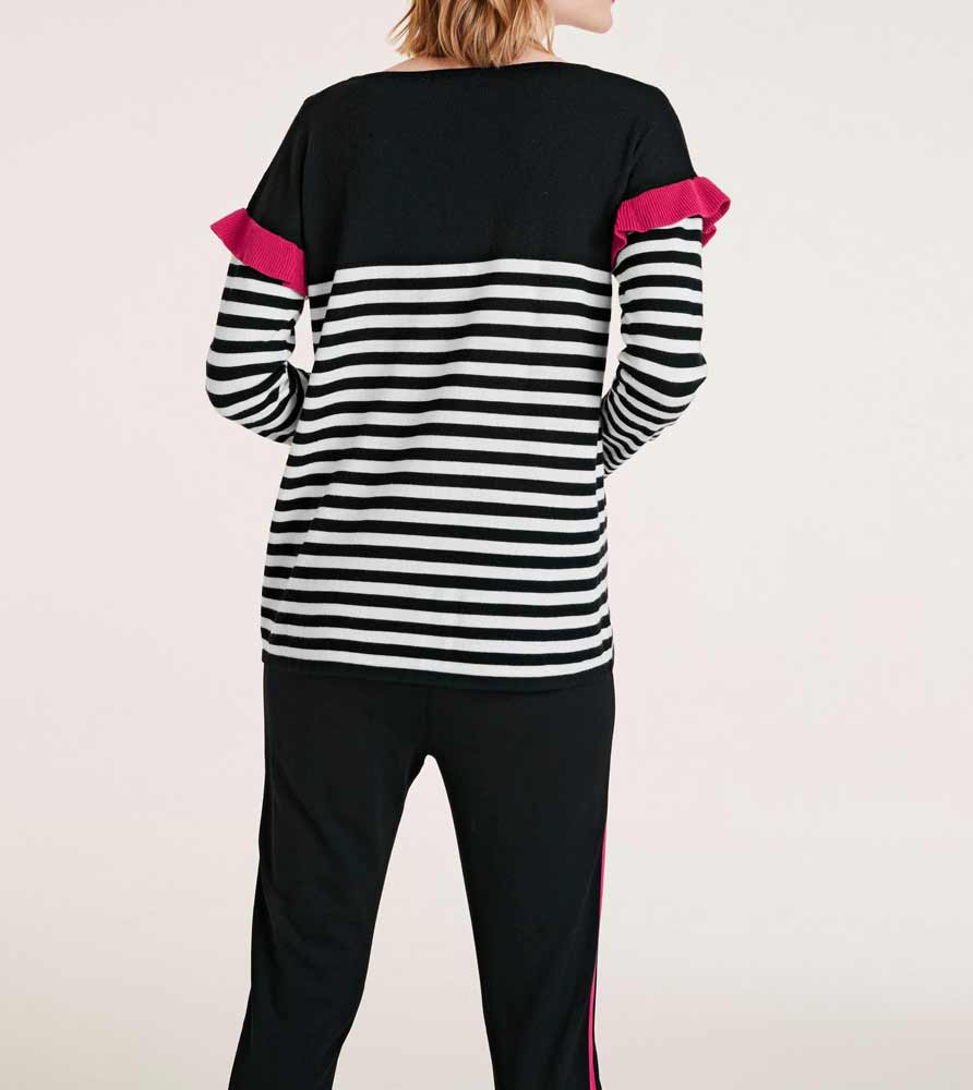 HEINE Damen Feinstrickpullover mit Brosche, schwarz-weiß