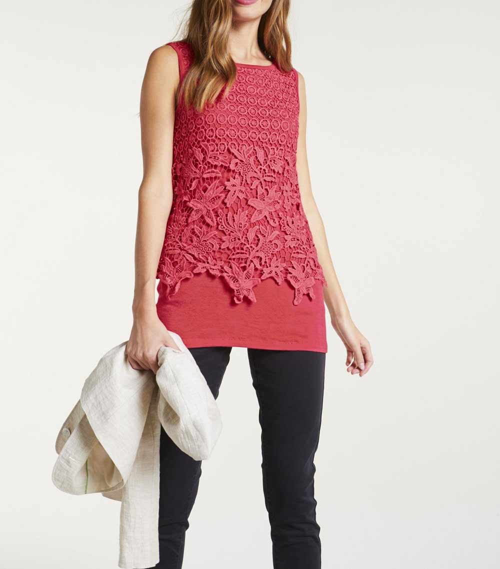 Heine Damen Top mit Spitze, hummer