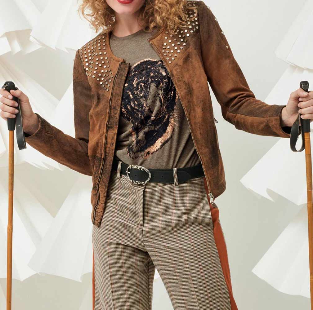 Heine Damen Lammnubuklederjacke mit Nieten, braun