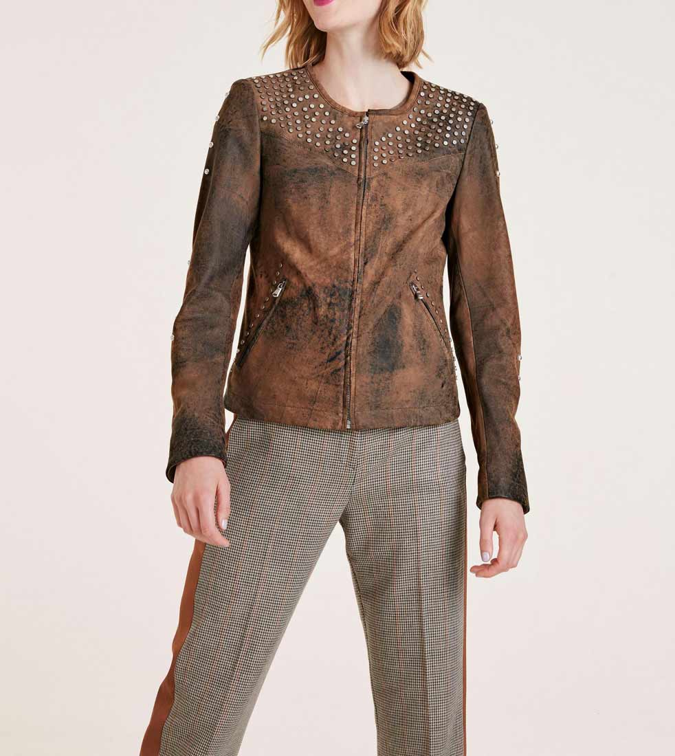 Heine Damen Lammnubuklederjacke mit Nieten, braun