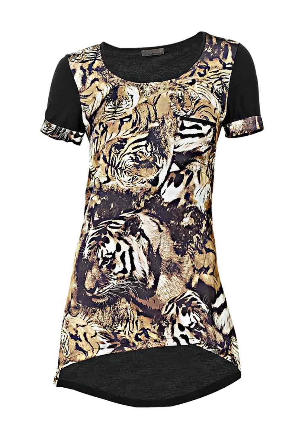 Mandarin Damen Animalprint-Shirt, schwarz-goldfarben
