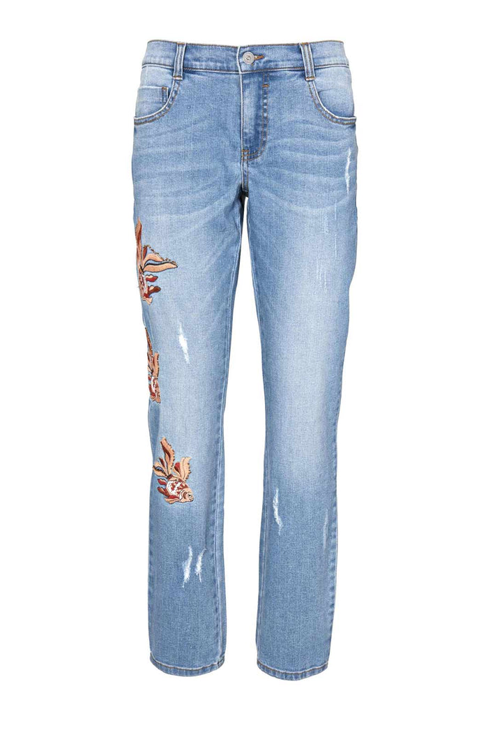 Linea Tesini Damen Designer-Boyfriendjeans mit Stickerei, blau