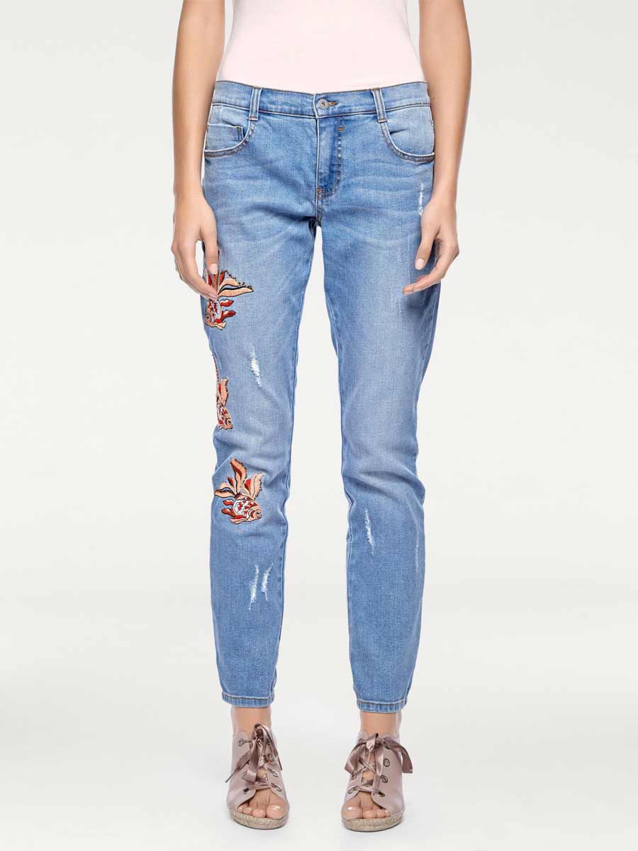 Linea Tesini Damen Designer-Boyfriendjeans mit Stickerei, blau