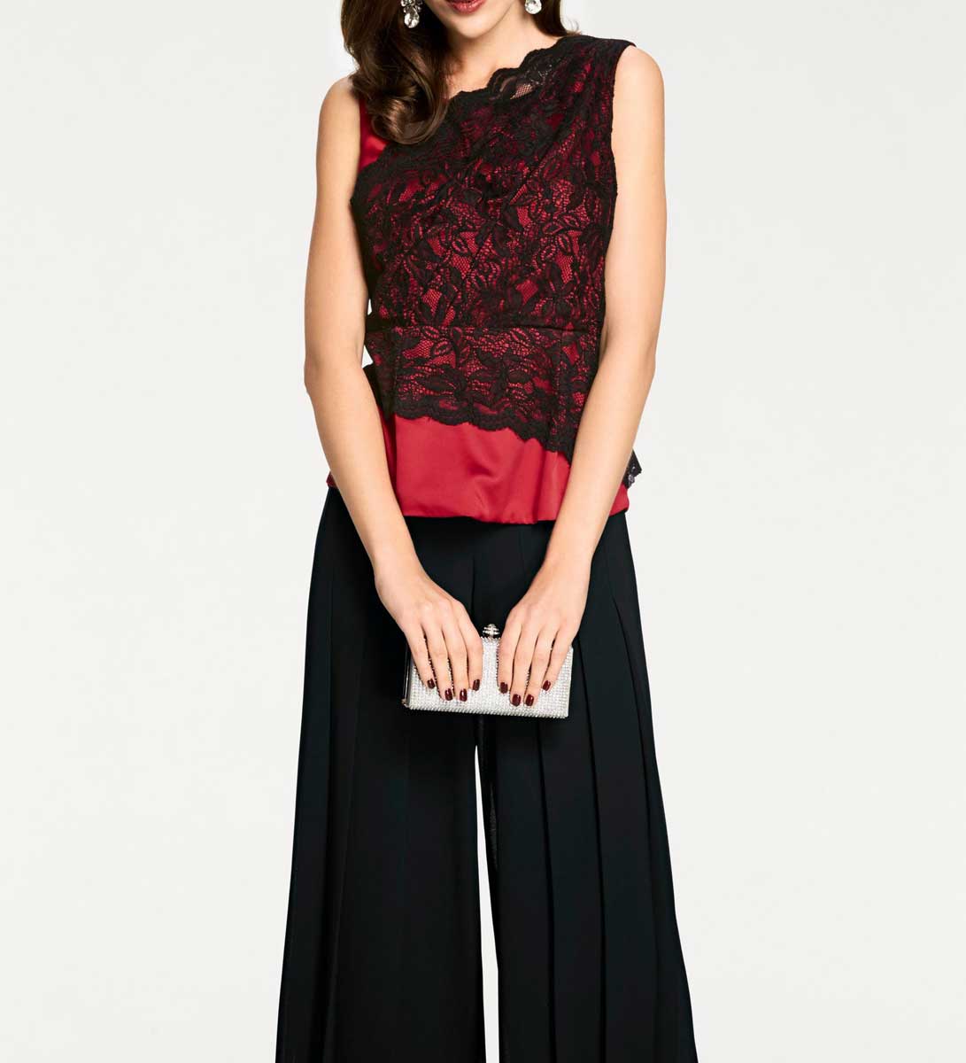 Ashley Brooke Damen Designer-Satin-Spitzenshirt, rot-schwarz