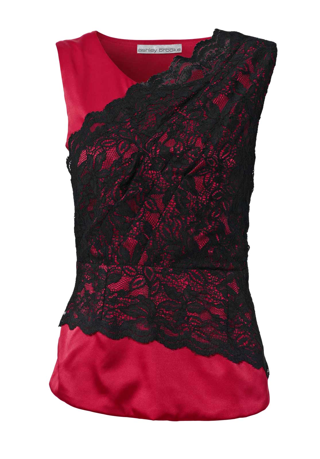 Ashley Brooke Damen Designer-Satin-Spitzenshirt, rot-schwarz