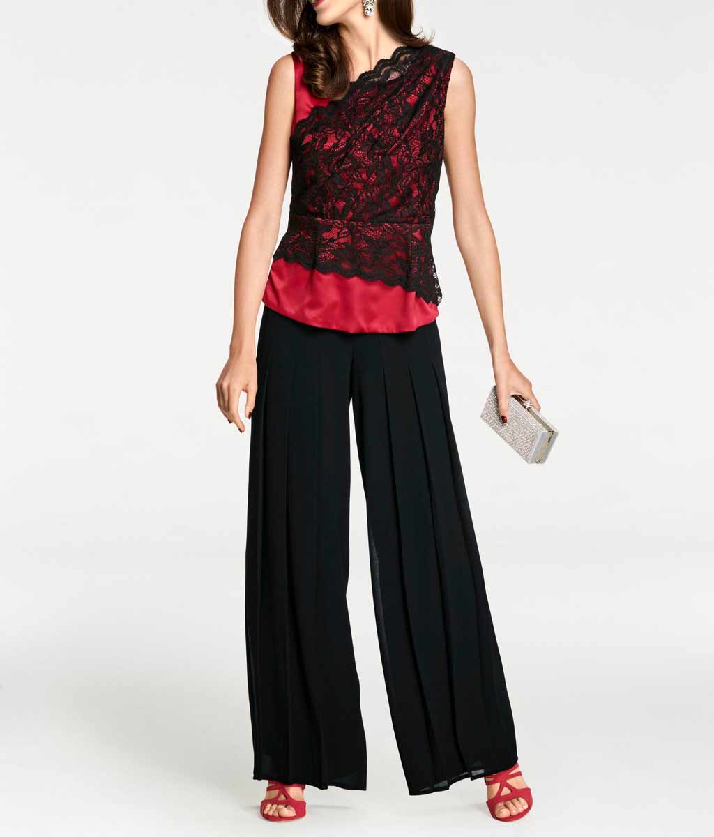 Ashley Brooke Damen Designer-Satin-Spitzenshirt, rot-schwarz