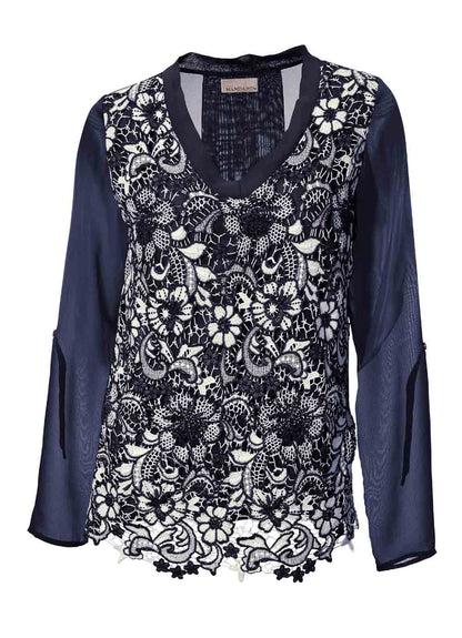 Mandarin Damen Blusenshirt mit Spitze, marine
