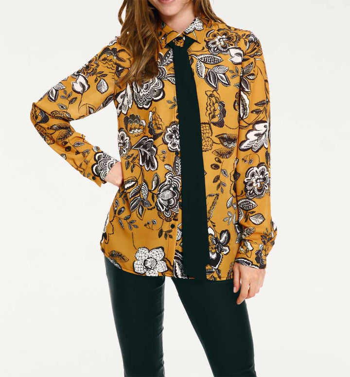 RICK CARDONA Damen Designer-Bluse m.Krawatte, senf-schwarz