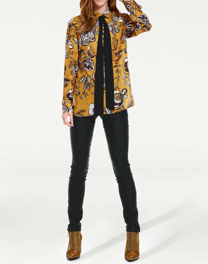 RICK CARDONA Damen Designer-Bluse m.Krawatte, senf-schwarz
