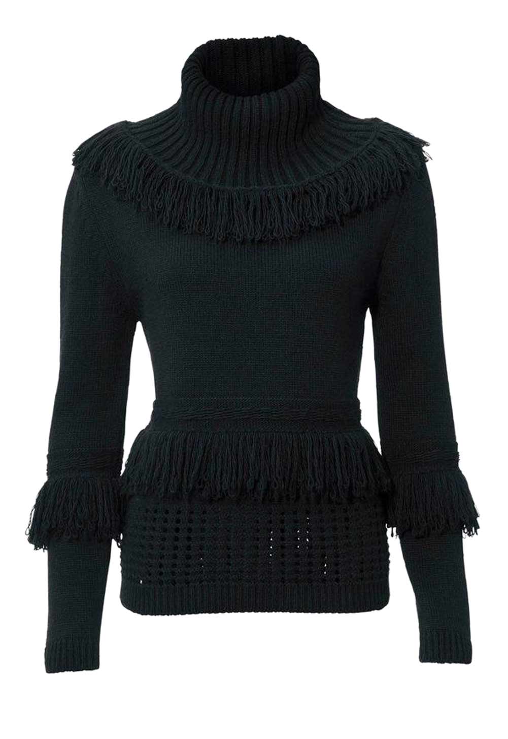 Rick Cardona Damen Designer-Fransen-Rollkragenpullover, schwarz