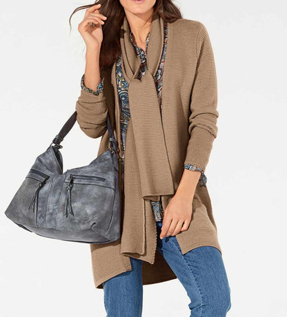 Patrizia Dini Damen Merinowolle-Cardigan mit Schal, camel